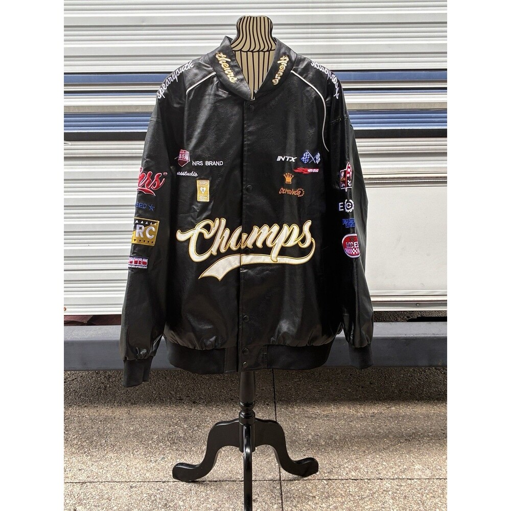 Aelfric Eden Men's Faux Leather Racing Jacket Black Cheers Patchwork Sz L
